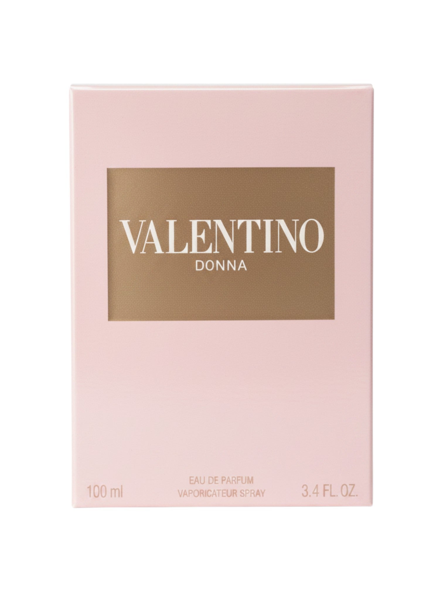 Caja de perfume VALENTINO DONNA Eau de Parfum para mujer, 100 ml, 3.4 fl oz, en color rosa pálido con detalles dorados.