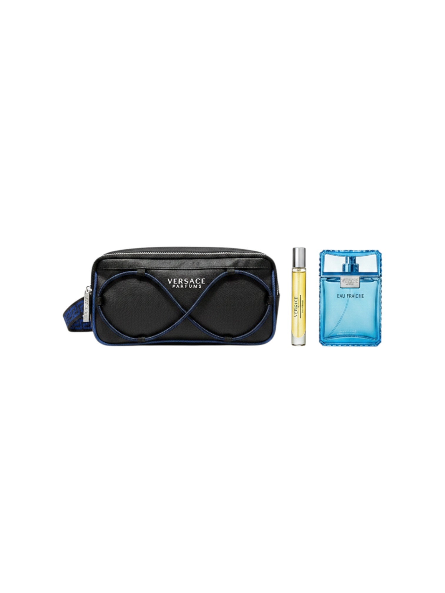 Set de regalo Versace Eau Fraiche para hombre con neceser negro y dos frascos de perfume, uno de 10ml y otro de 100ml.