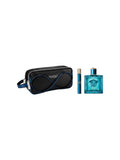 Set de fragancia Versace Eros para hombre con neceser negro, spray de viaje y Eau de Toilette de 3.4 oz en frasco azul icónico.