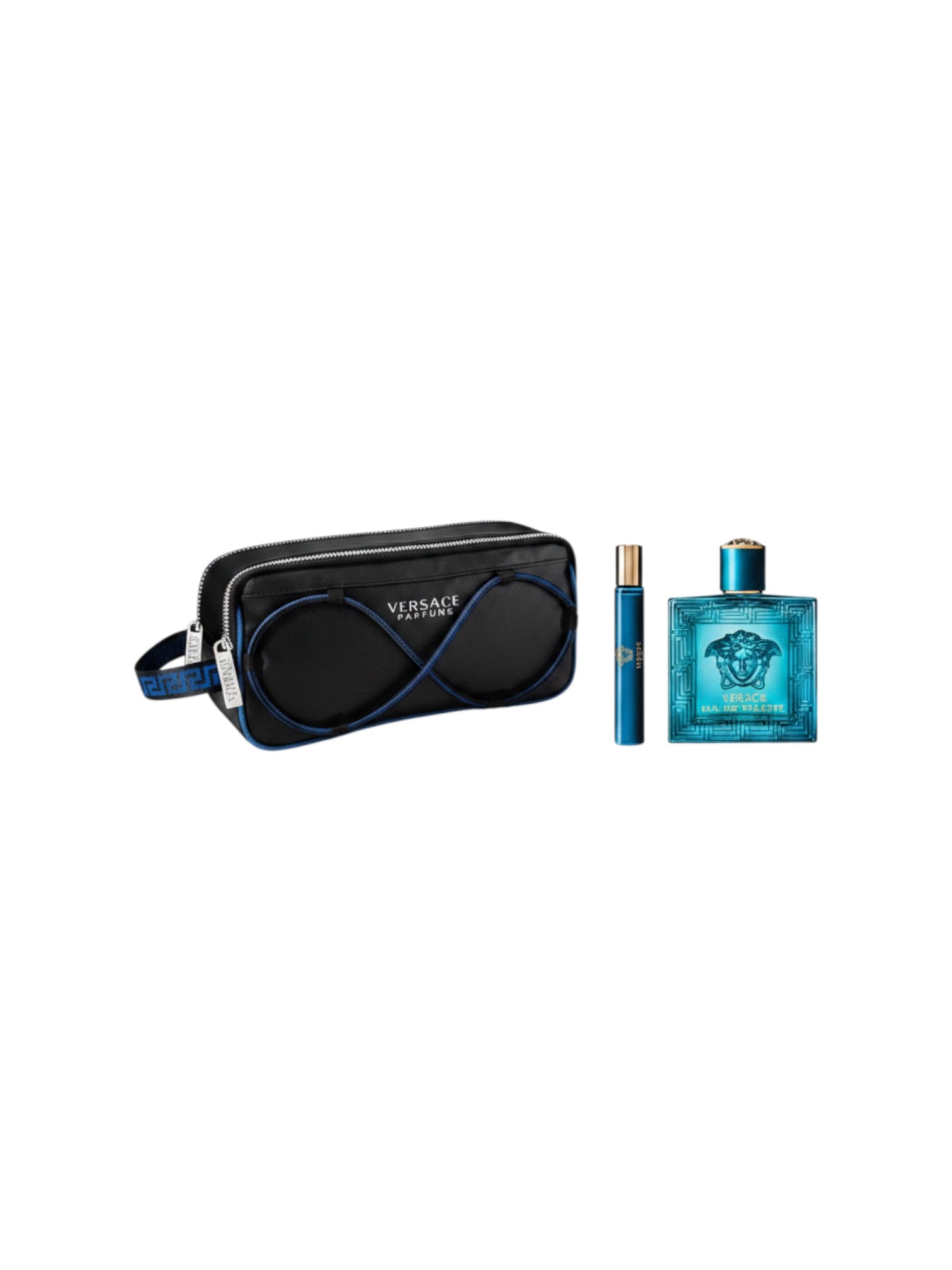 Set de fragancia Versace Eros para hombre con neceser negro, spray de viaje y Eau de Toilette de 3.4 oz en frasco azul icónico.