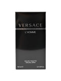 Caja de perfume Versace L'Homme Eau de Toilette para hombre, 100 ml, 3.4 fl oz, con detalles dorados.