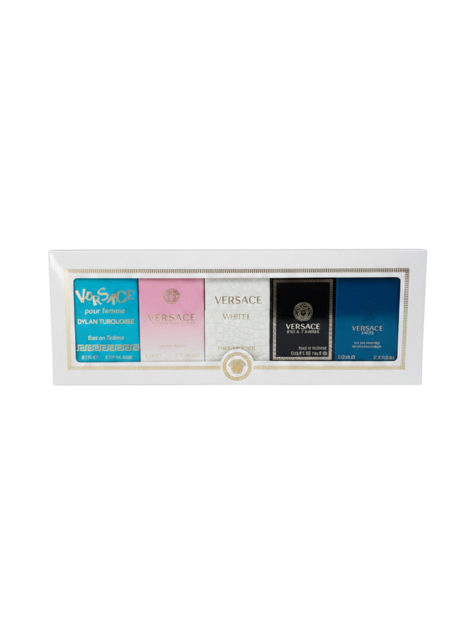 ELIFE BOUTIQUE set de 5 mini fragancias Versace para hombre, incluye Dylan Turquoise, Eau de Toilette y más. Presentación de lujo.