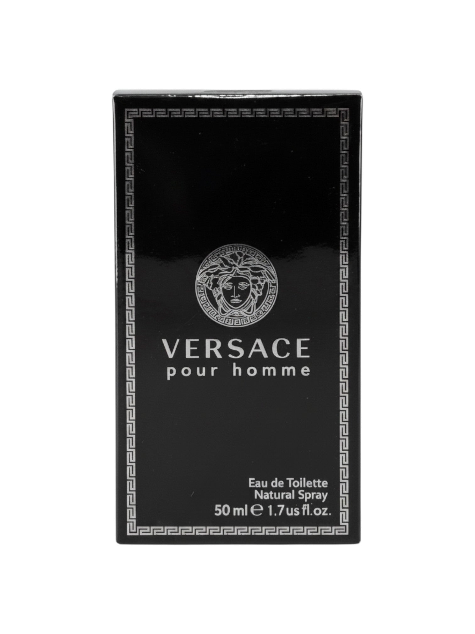 Caja de perfume Versace Pour Homme Eau de Toilette para hombre, 50 ml. Diseño negro con detalles plateados y logo de Medusa.