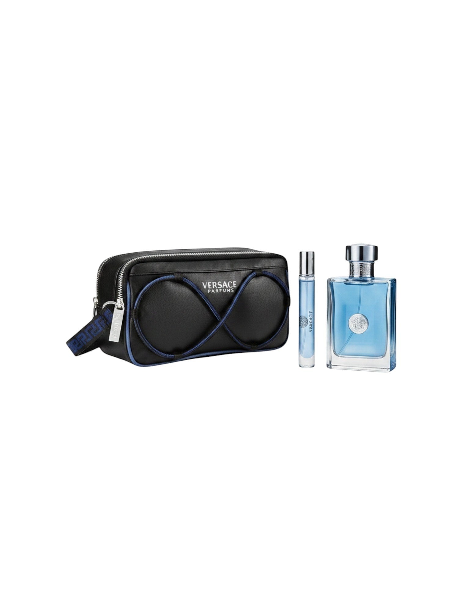 ELIFE BOUTIQUE Versace Pour Homme EDT 3.4 oz set with travel spray and black toiletry bag.