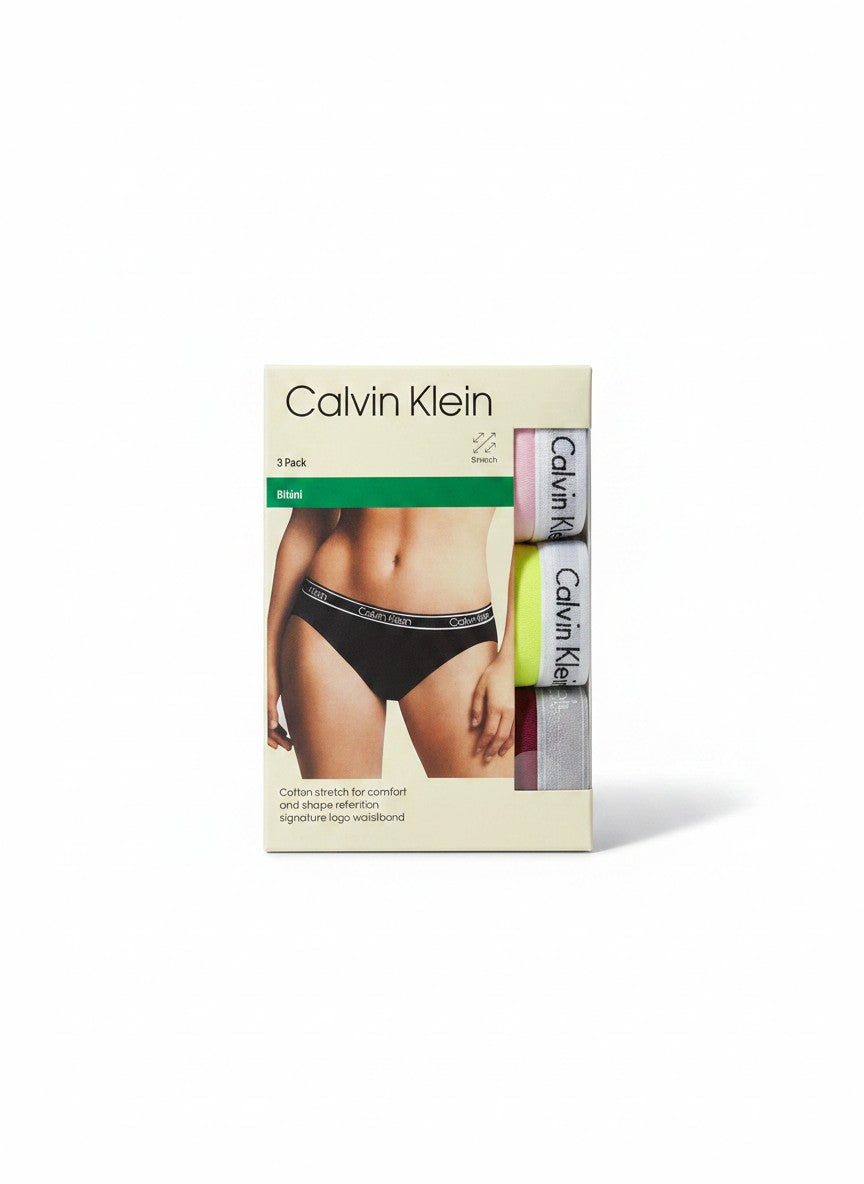 Pack de 3 braguitas bikini Calvin Klein para mujer en negro, rosa, amarillo y burdeos. Cintura con logo.