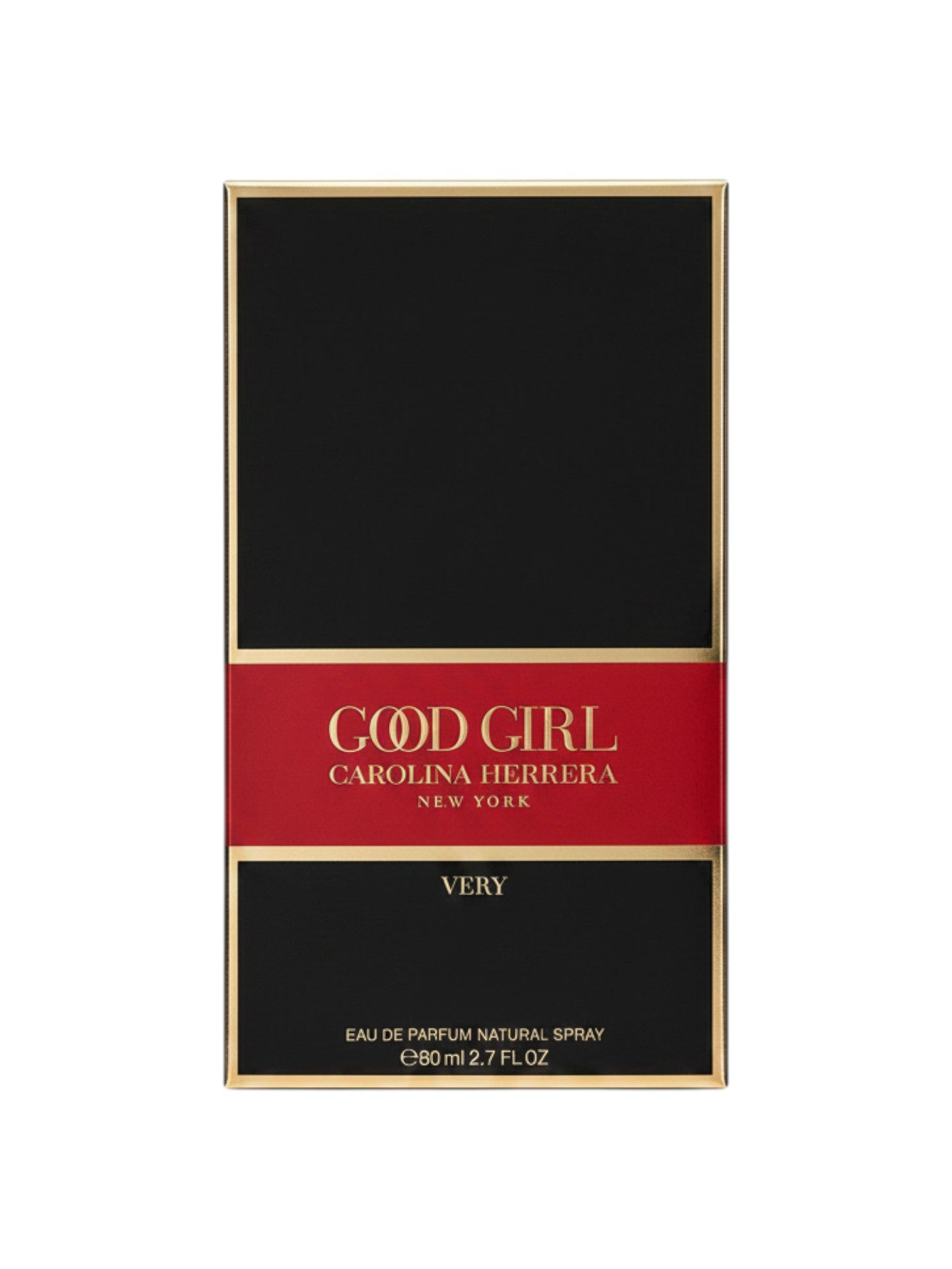 ELIFE BOUTIQUE Carolina Herrera Very Good Girl Eau de Parfum para mujer, 2.7 oz. Caja de perfume negra con detalles dorados y banda roja.