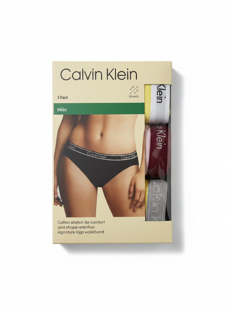 ELIFE BOUTIQUE pack de 3 bragas bikini Calvin Klein de algodón elástico con cintura de logo, negro, burdeos y amarillo.