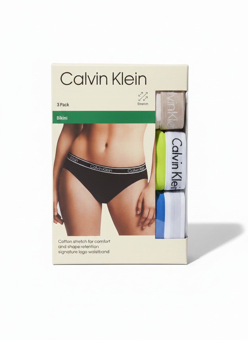 ELIFE BOUTIQUE Pack de 3 bragas bikini Calvin Klein de algodón elástico para mujer con cintura con logo.