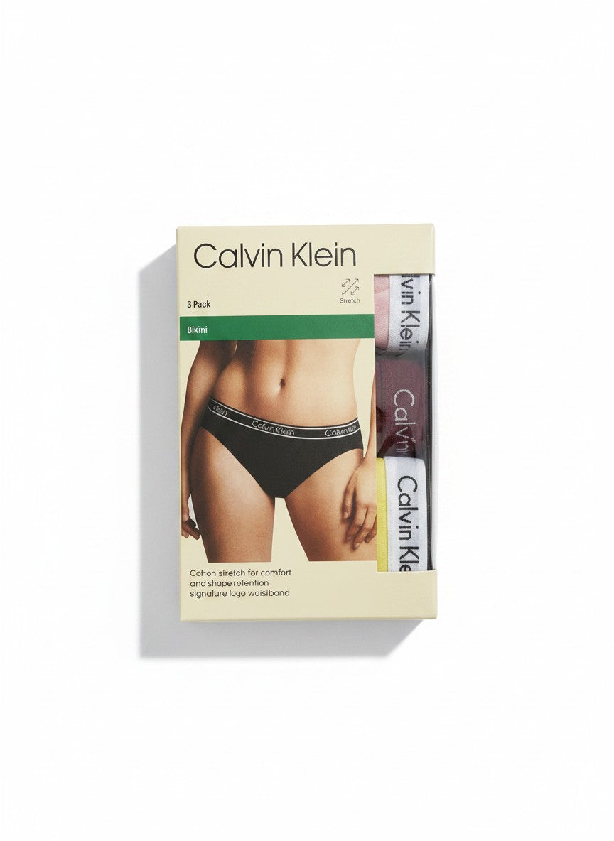 Pack de 3 bragas bikini Calvin Klein de algodón elástico para mujer, con cintura con logo.