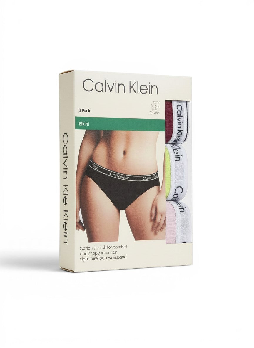 Pack de 3 bragas bikini Calvin Klein para mujer, de algodón elástico, con cintura con logo.
