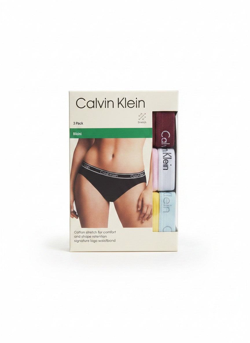 ELIFE BOUTIQUE Pack de 3 bragas bikini Calvin Klein para mujer, de algodón elástico con cintura con logo.