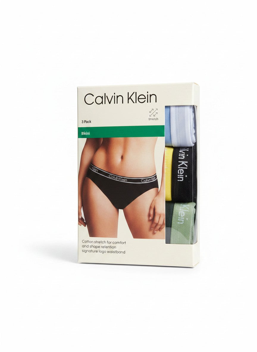 ELIFE BOUTIQUE: Pack de 3 bragas bikini Calvin Klein de algodón elástico en colores azul claro, amarillo y verde con cinturilla de logo.