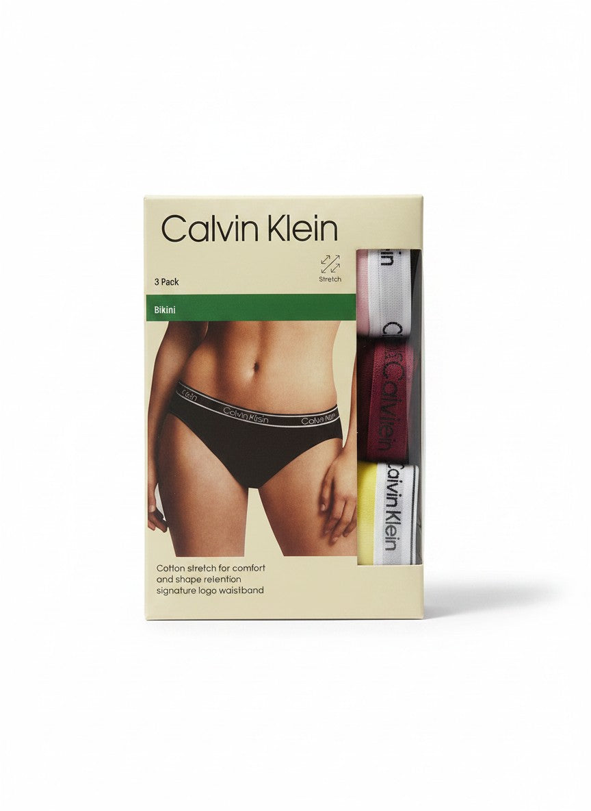 ELIFE BOUTIQUE pack de 3 bragas bikini Calvin Klein para mujer, algodón elástico negro con cintura con logo.