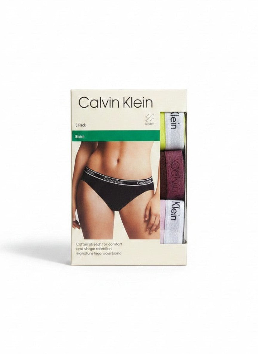 Pack de 3 bragas bikini Calvin Klein de algodón elástico para mujer, con cinturilla con logo. Colores: negro, morado, gris y lima.