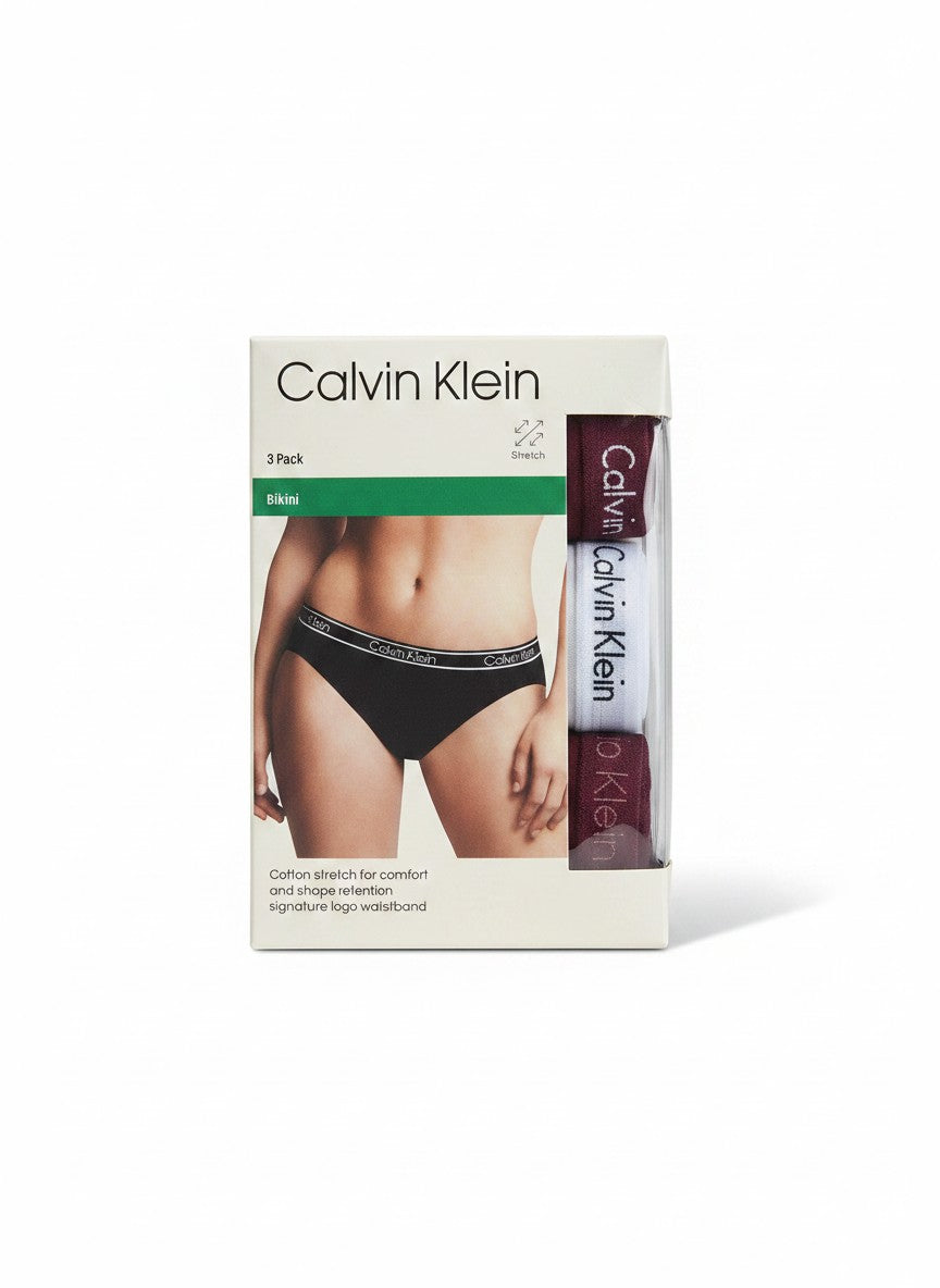 Pack de 3 bragas bikini Calvin Klein de algodón elástico para mujer, con cintura de logo distintivo.