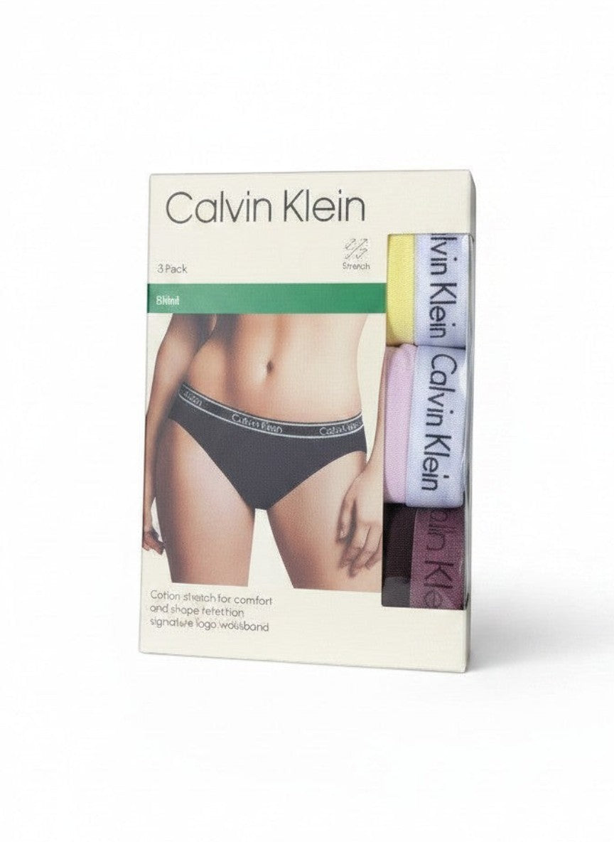 Pack de 3 bragas bikini Calvin Klein de algodón elástico para mujer en colores pastel y negro con cintura con logo.