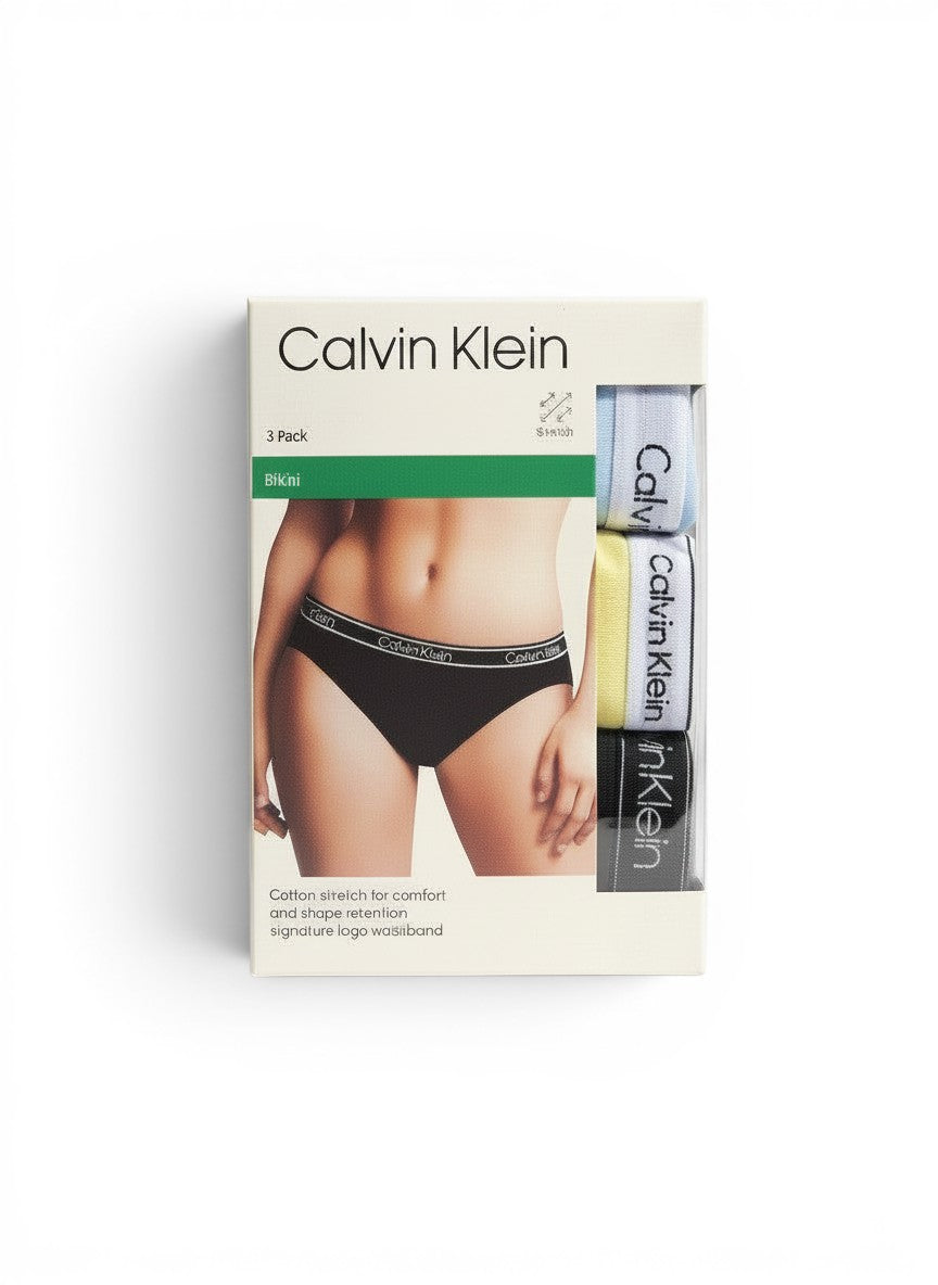 Pack de 3 braguitas bikini Calvin Klein para mujer en negro, azul claro y amarillo. Cintura elástica con logo.