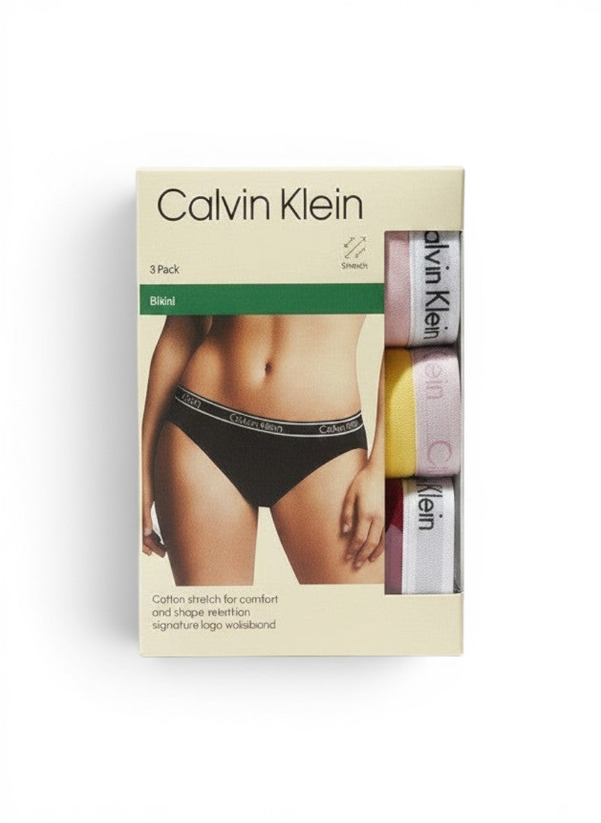 Pack de 3 braguitas bikini Calvin Klein para mujer en algodón elástico, con cinturilla con logo. Colores: rosa, amarillo y burdeos.