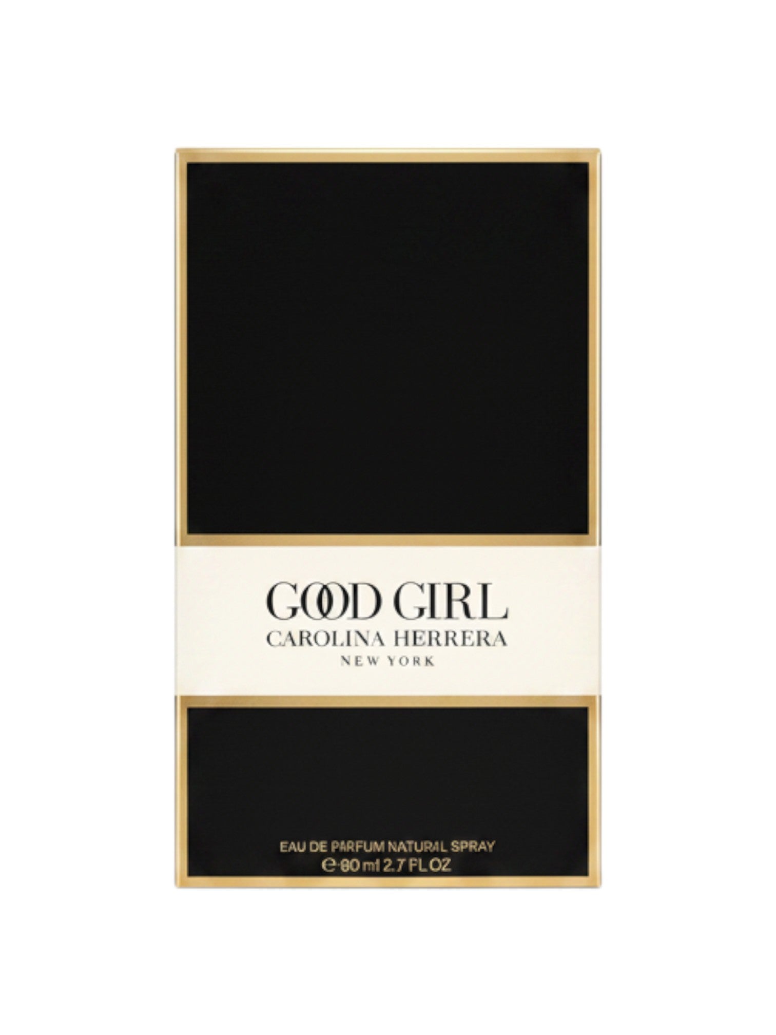 ELIFE BOUTIQUE Carolina Herrera Good Girl Eau de Parfum para mujer, 2.7 oz. Caja negra con detalles dorados y banda blanca con el nombre del producto.