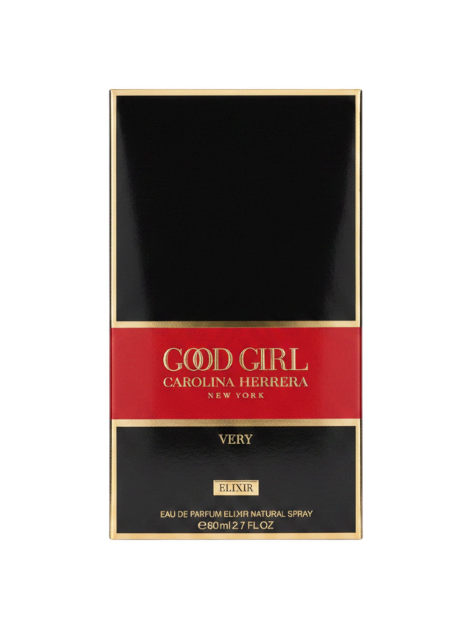 Elife Boutique Carolina Herrera Good Girl Very Elixir Eau de Parfum para mujer, 80 ml. Caja negra y roja con detalles dorados.
