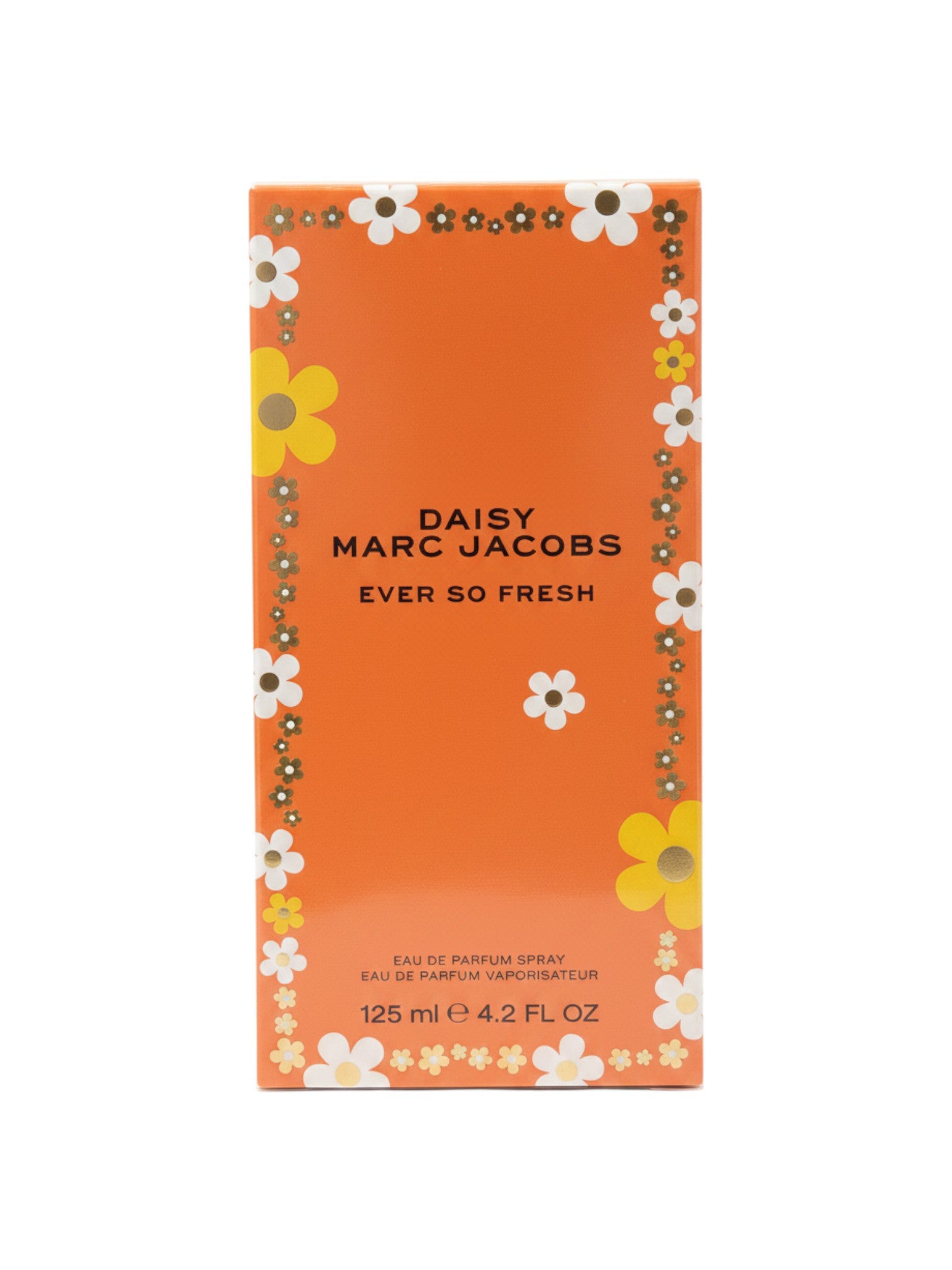 Elife Boutique Daisy Marc Jacobs Ever So Fresh Eau de Parfum Spray para hombre, 4.2 oz. Caja naranja con estampado floral.