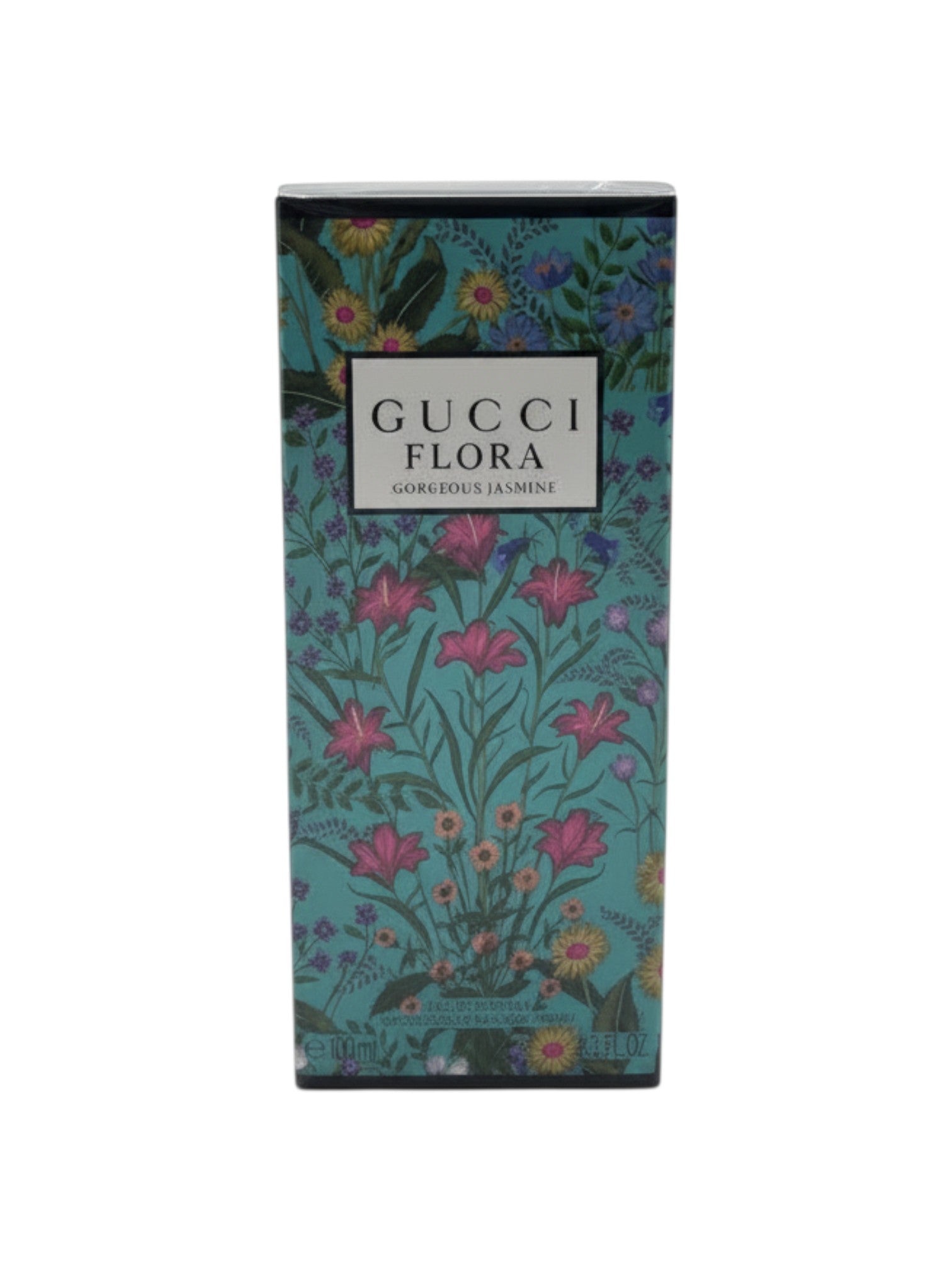 ELIFE BOUTIQUE Gucci Flora Gorgeous Jasmine EDP para mujer, 3.3 oz, con un diseño floral verde azulado y notas de jazmín.