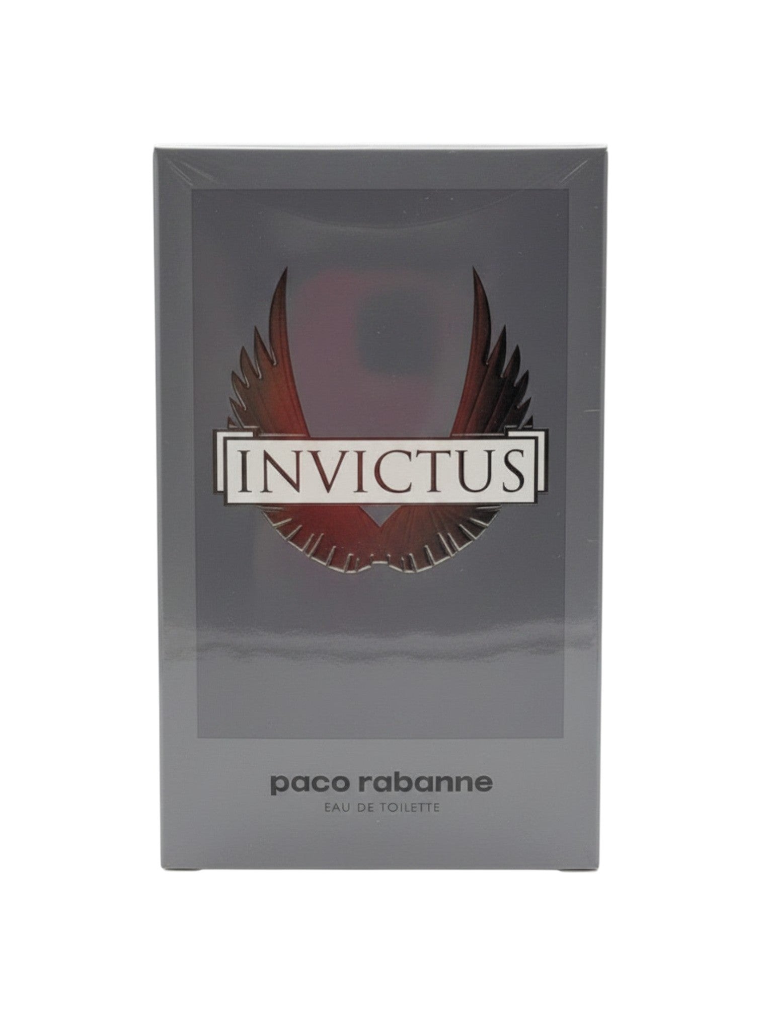 Caja de perfume Invictus de Paco Rabanne para hombre, Eau de Toilette de 6.8 oz, con diseño de alas y logo plateado.