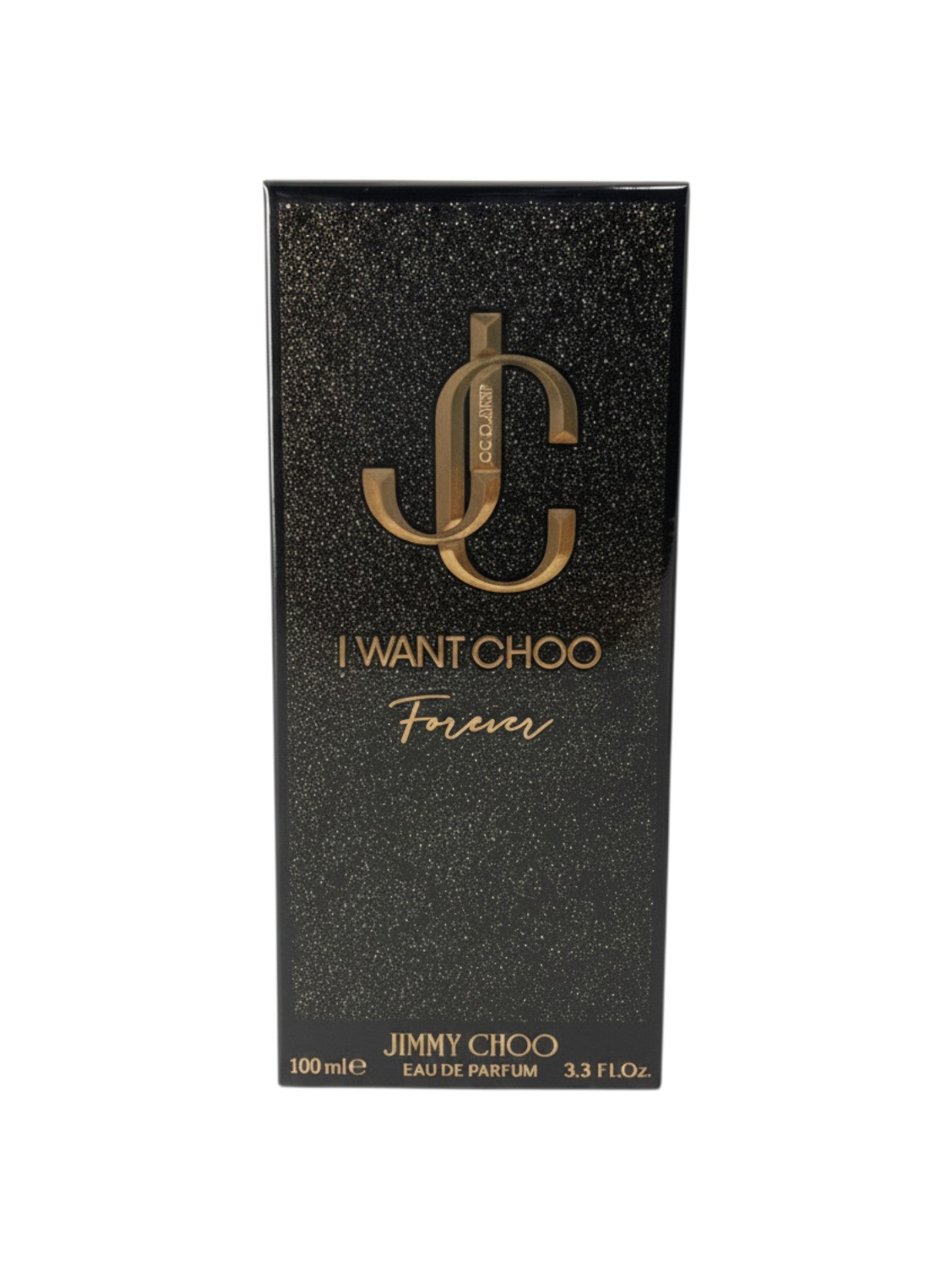 ELIFE BOUTIQUE: Caja de perfume I Want Choo Forever de Jimmy Choo para mujer, 100 ml, Eau de Parfum, con logo JC dorado sobre fondo negro brillante.