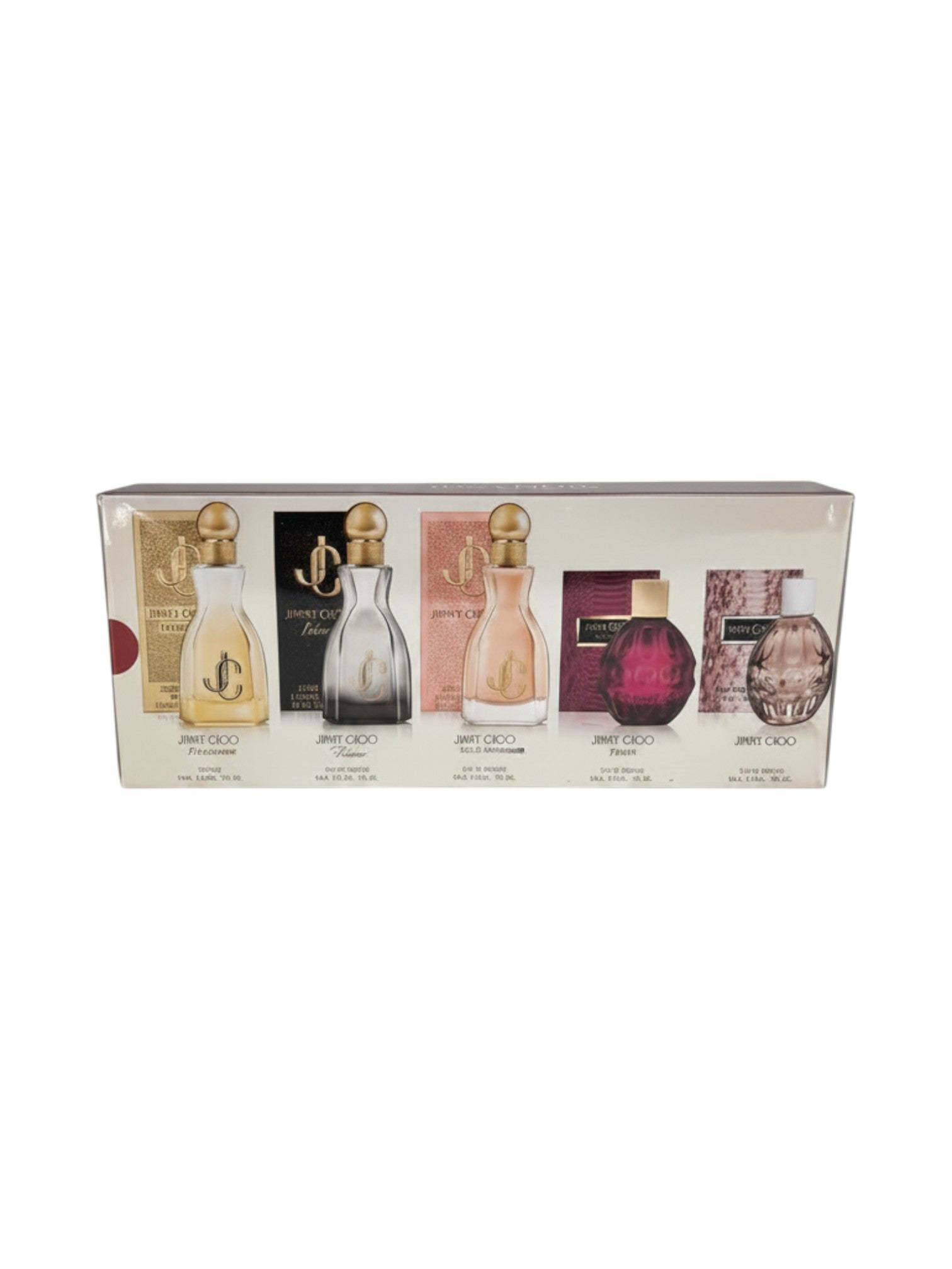 Elife Boutique Jimmy Choo Mini 5pc set de fragancias para mujer, con botellas de 0.15 oz cada una, en caja de presentación.