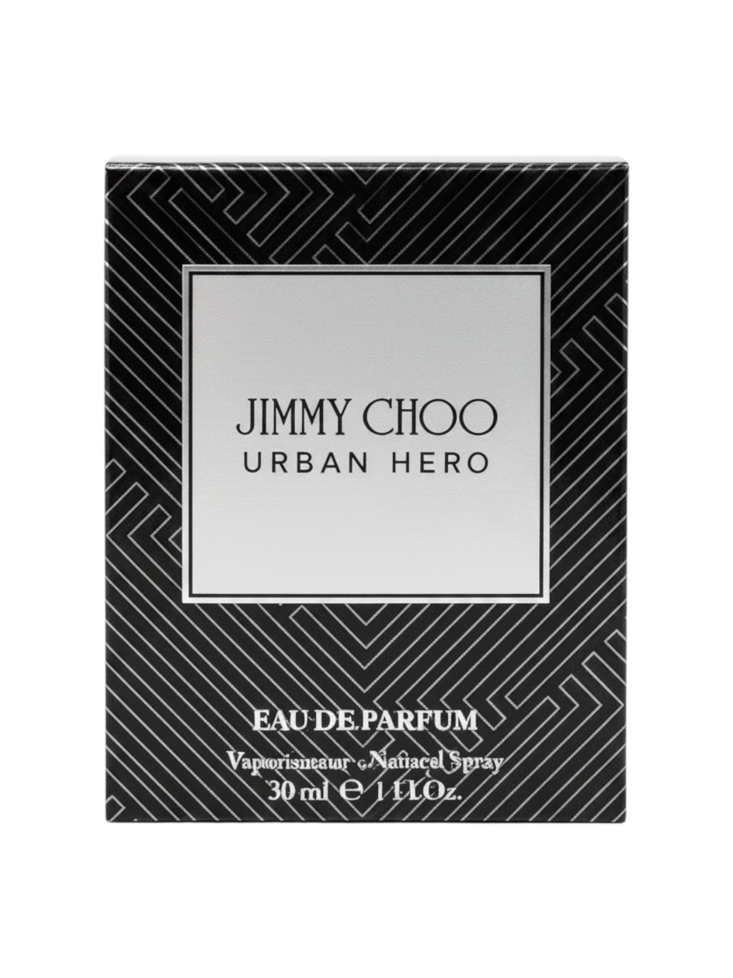 Caja de perfume Jimmy Choo Urban Hero Eau de Parfum para hombre, 30 ml. Diseño moderno en blanco y negro.
