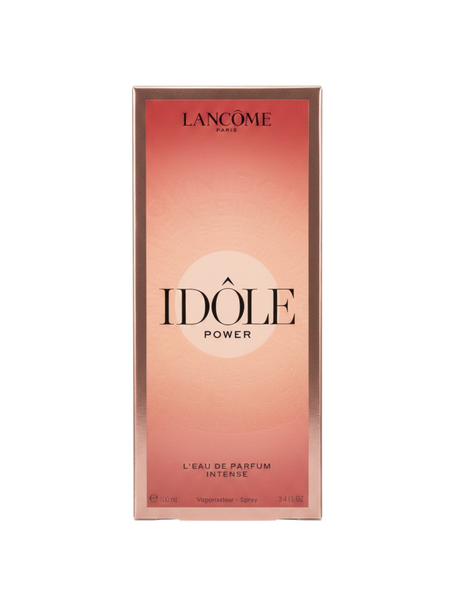Elife Boutique presenta la caja de perfume Lancome Idole Power para mujer, 3.4 oz EDP, con un diseño degradado de rosa a melocotón y detalles dorados.