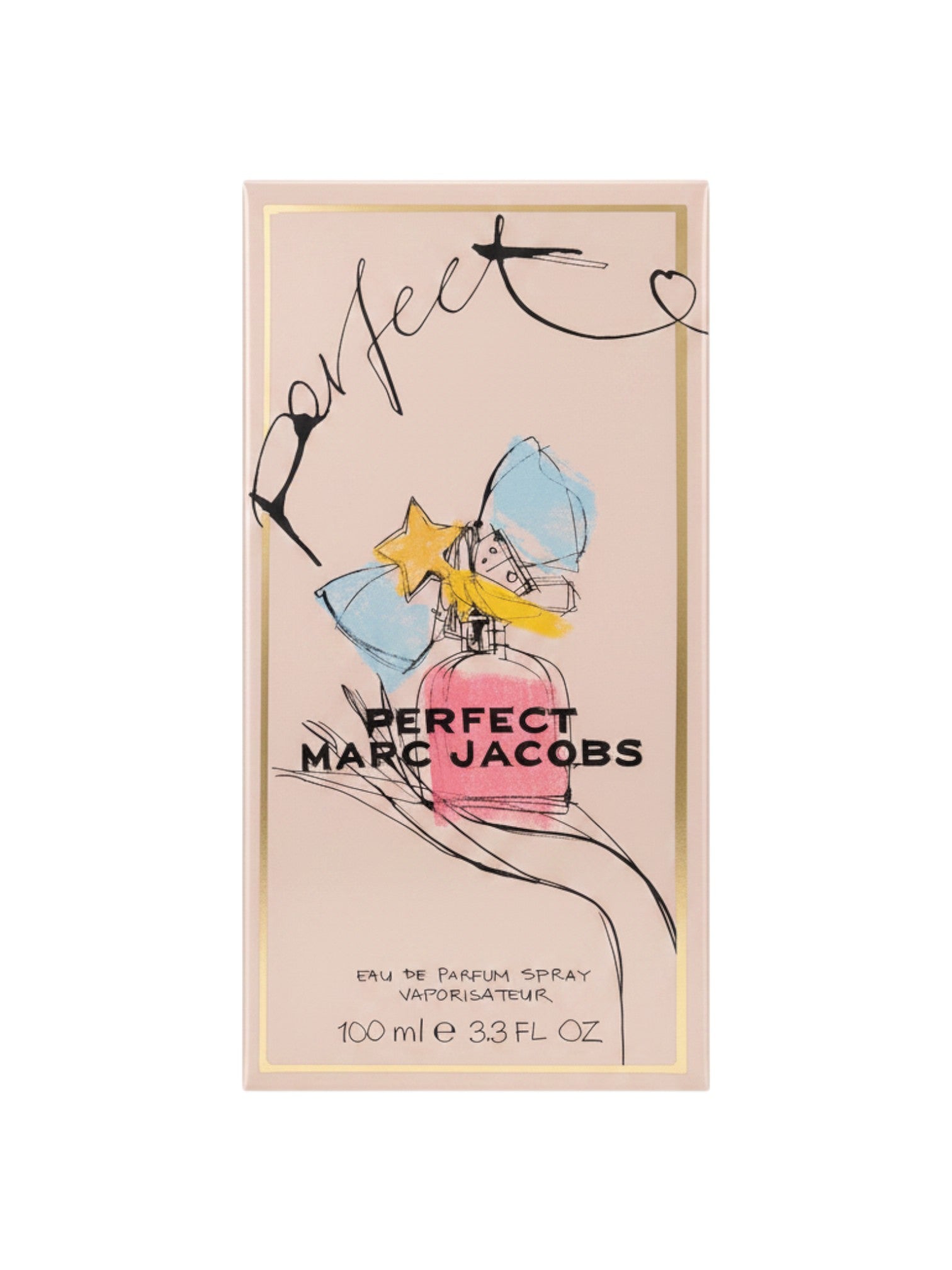 Elife Boutique Perfect de Marc Jacobs Eau de Parfum spray para mujer, 3.3 oz. Caja de perfume con diseño artístico de lazo y estrella.