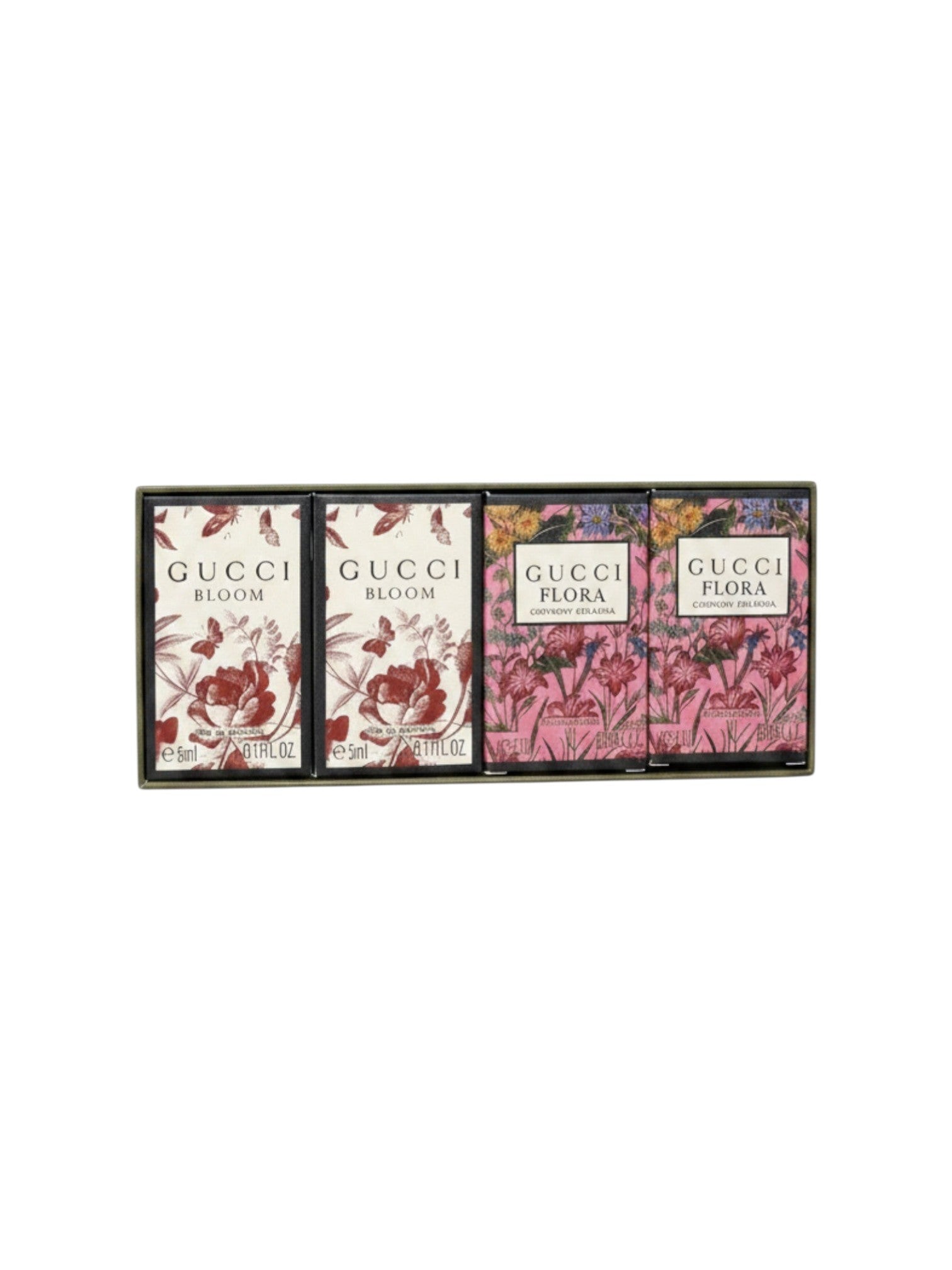 ELIFE BOUTIQUE set de 4 mini perfumes Gucci Bloom y Flora para mujer, con diseños florales y de mariposas.