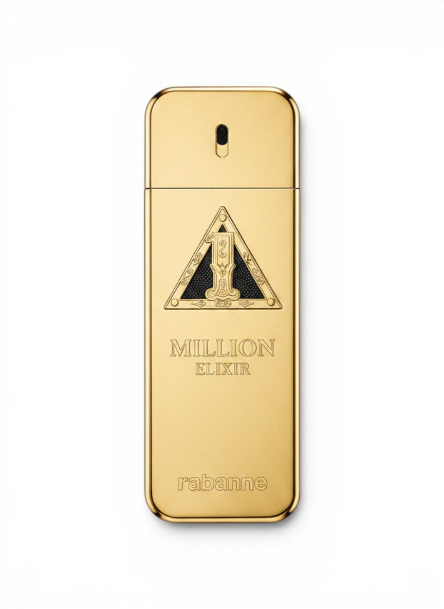 Frasco dorado de perfume Paco Rabanne 1 Million Elixir para hombre, 3.4 oz. Diseño de lujo con detalles grabados.