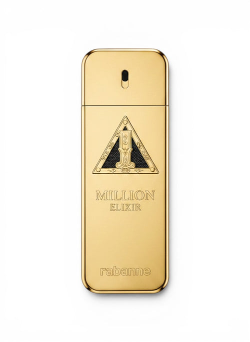 Frasco dorado de perfume Paco Rabanne 1 Million Elixir para hombre, 3.4 oz. Diseño de lujo con detalles grabados.