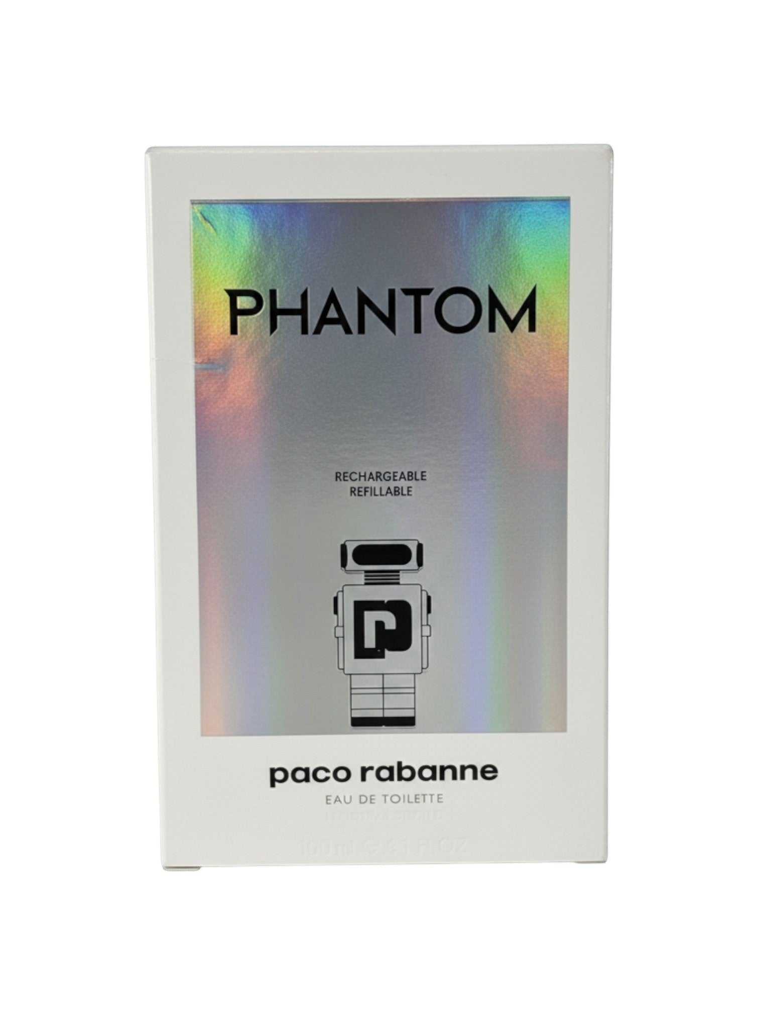 Caja de perfume Paco Rabanne Phantom Eau de Toilette para hombre, 150 ml, recargable, con diseño de robot plateado iridiscente.