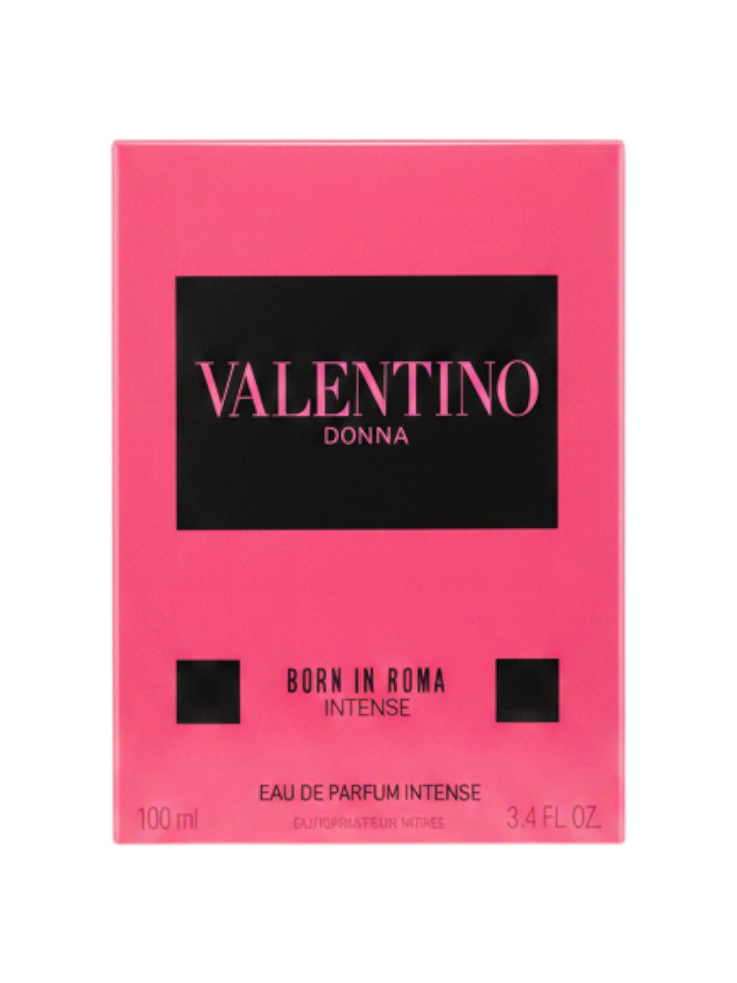Elife Boutique VALENTINO BORN IN ROMA INTENSE Eau de Parfum para mujer, 3.4 oz. Caja rosa brillante con texto negro.