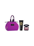 Set de regalo Versace Crystal Noir para mujer con neceser morado, perfume y loción corporal.