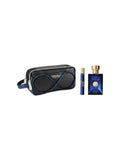 Set de regalo Versace Dylan Blue para hombre, incluye neceser negro con detalles azules y perfume EDT de 3.4 oz.