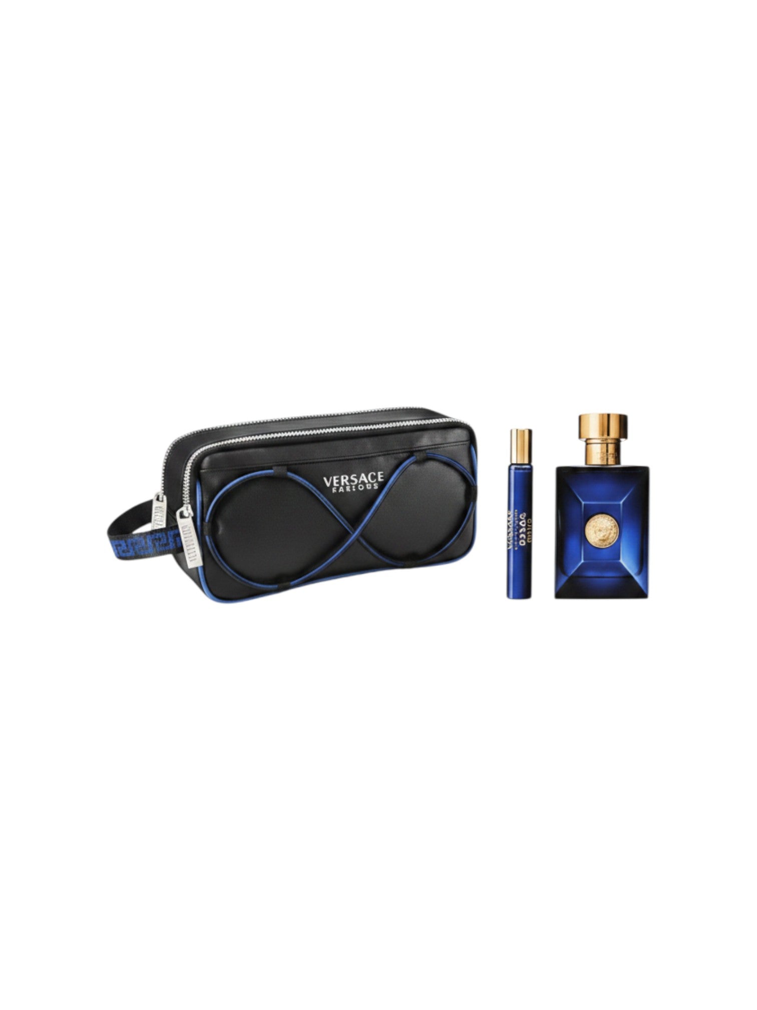 Set de regalo Versace Dylan Blue para hombre, incluye neceser negro con detalles azules y perfume EDT de 3.4 oz.