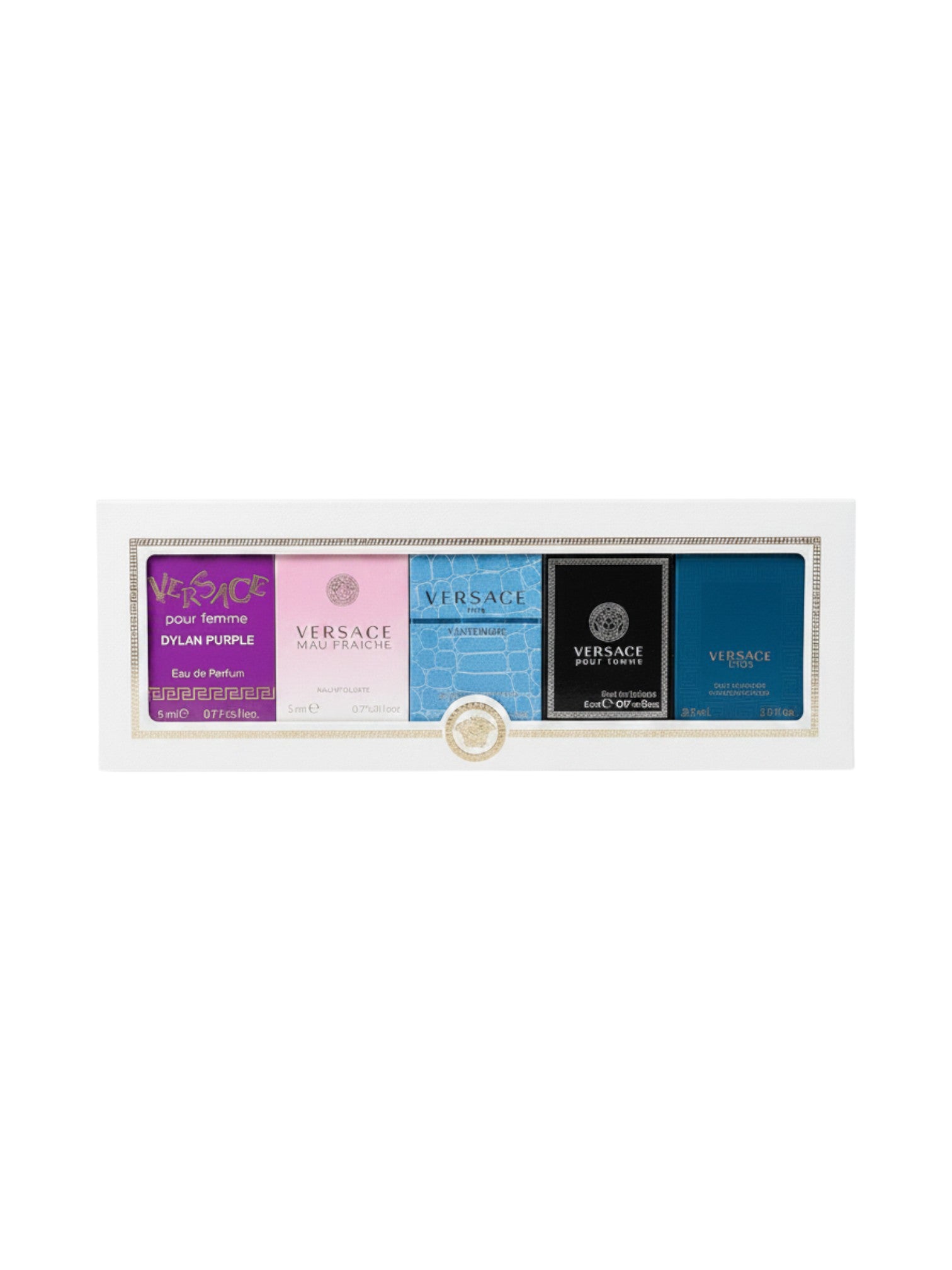 Set de miniaturas de fragancias Versace para hombre y mujer, incluye Dylan Purple, Eau Fraiche y Pour Homme.