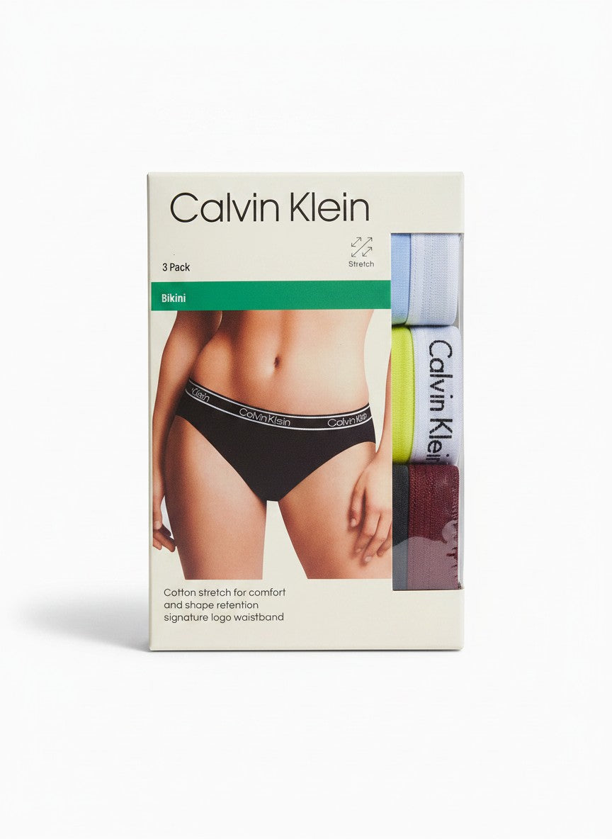 Pack de 3 bragas bikini Calvin Klein de algodón elástico para mujer con cintura con logo.