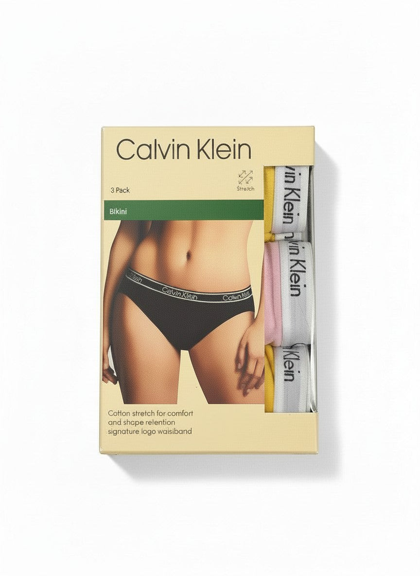 ELIFE BOUTIQUE - Pack de 3 braguitas bikini Calvin Klein de algodón elástico en negro, rosa y azul con cinturilla con logo.