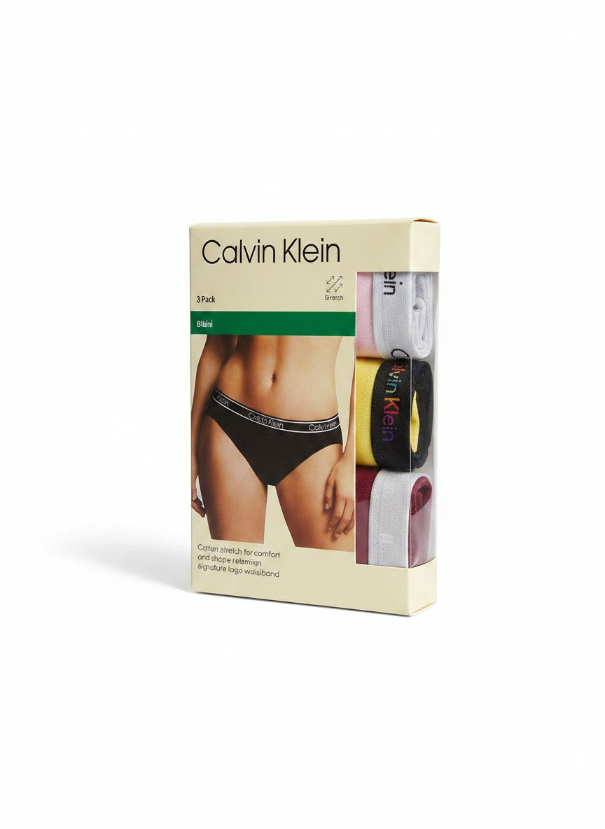 Pack de 3 braguitas bikini Calvin Klein de algodón elástico para mujer, con cinturilla con logo.